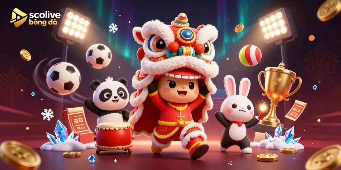 Socolive bóng đá featuring dynamic football elements surrounded by a lively 3D lion dance and characters