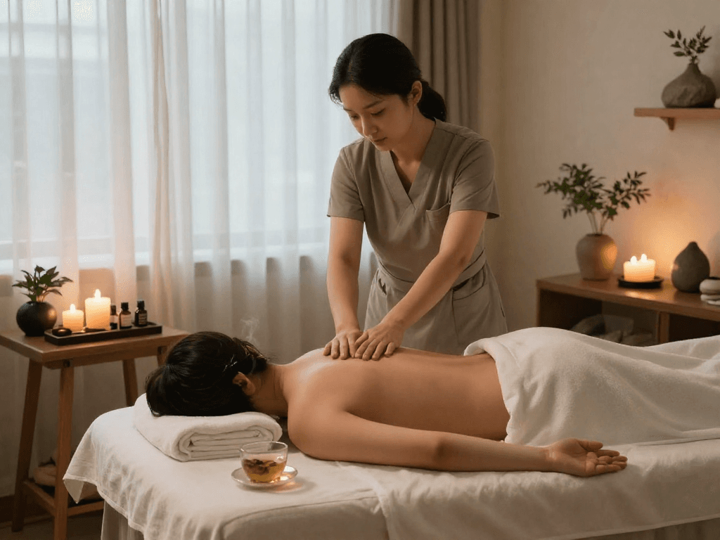 Relaxing 부천출장마사지 session with aromatic candles and soothing atmosphere.