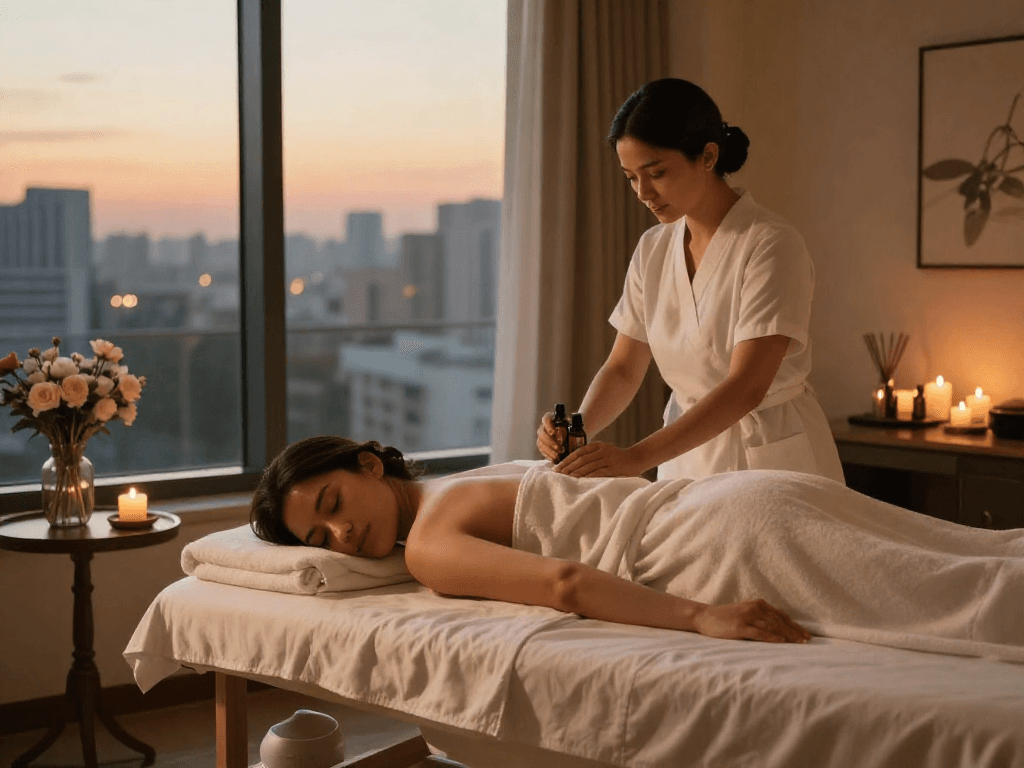 출장마사지 in a serene hotel setting showcasing a relaxing atmosphere with essential oils and soothing lighting.