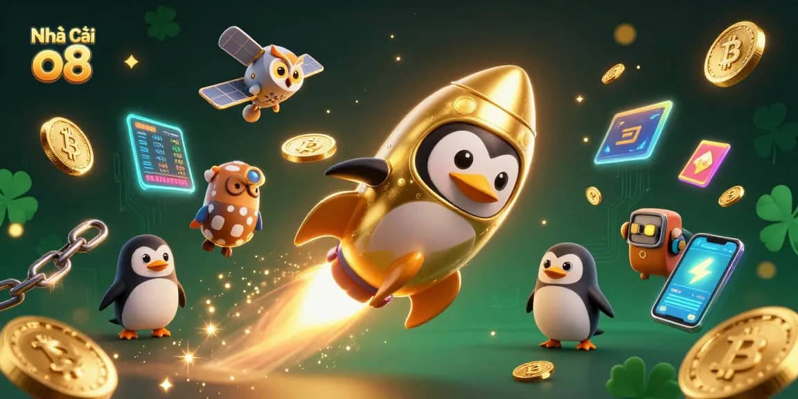 Play and win at Nhà cái o8 with a vibrant 3D digital illustration of a golden penguin and casino elements.