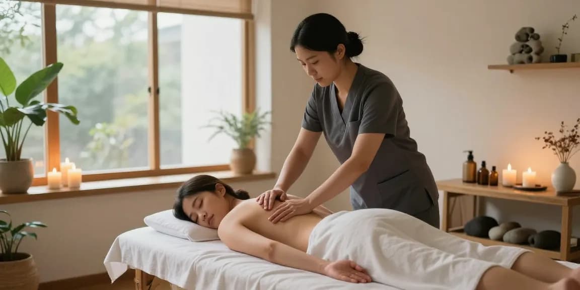 1인샵에서 고객에게 편안한 마사지를 제공하는 치료사와 아늑한 분위기의 웰니스 스튜디오 장면
