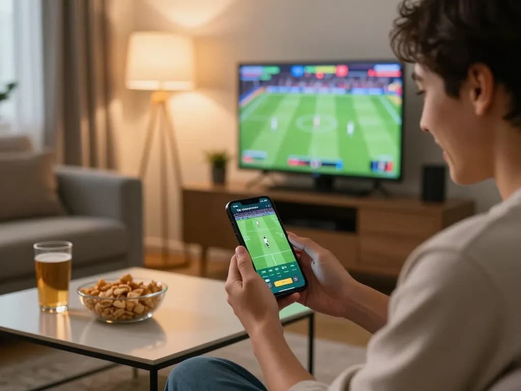 Person placing bets on o8 bóng đá via smartphone in a cozy sports betting setup.