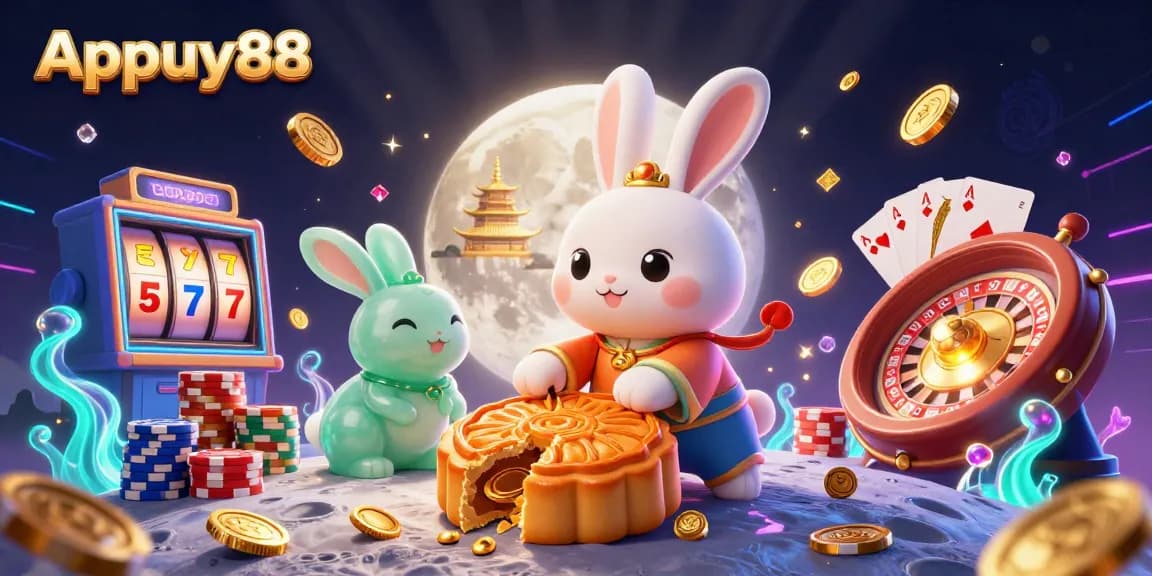 Experience the excitement of App uy88 with a vibrant 3D casino illustration showcasing slot machines and playful characters.