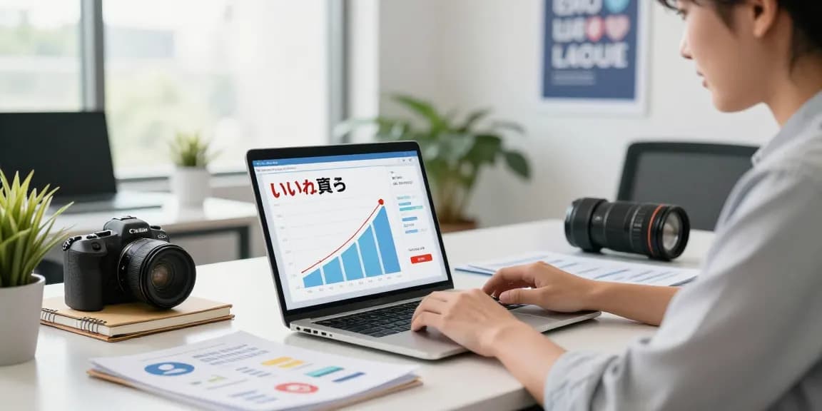 SNSでのいいねを買うサービスを分析する若手ビジネスパーソンの姿