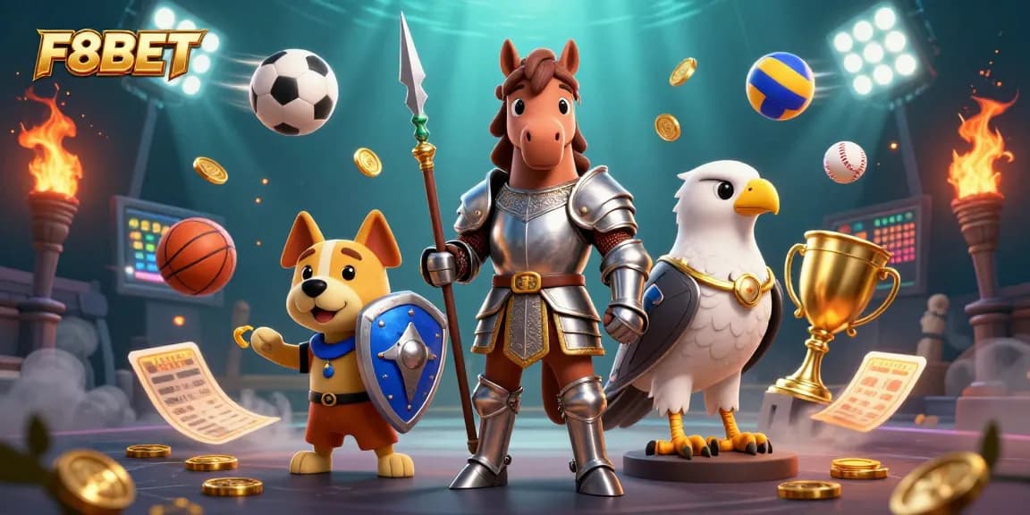 Engage with F8BET's thrilling gameplay featuring dynamic sports elements and a medieval knight illustration.