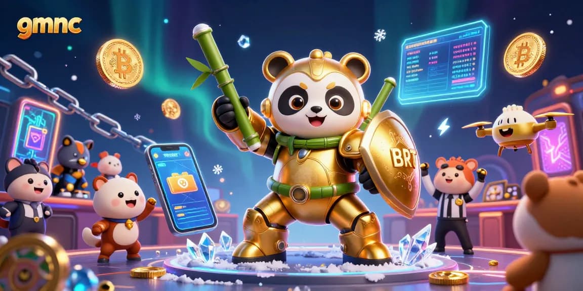 Engage with gmnc through a thrilling casino arena where a golden panda pilots a bamboo robot, highlighted by crypto elements.