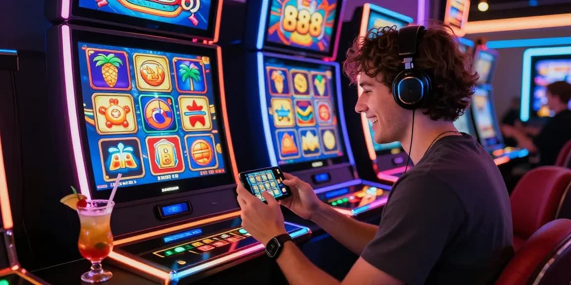 Exciting gaming scene featuring a player enjoying slot88 on a smartphone with vibrant graphics and colorful icons.