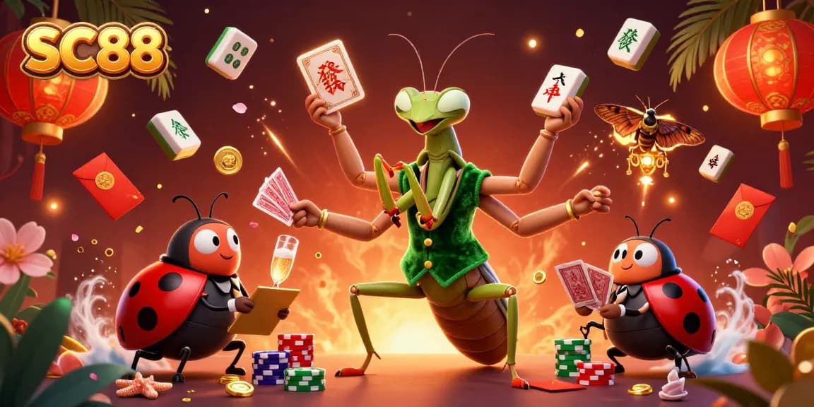 SC88 showcases a vibrant 3D casino scene with a giant mantis and ladybug engaging in gaming excitement.