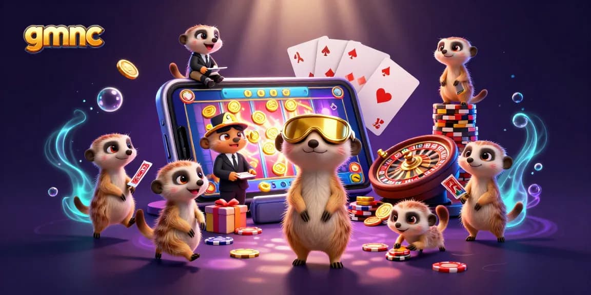 Meerkats running a vibrant casino operation with gmnc branding, featuring slot games and colorful decorations.
