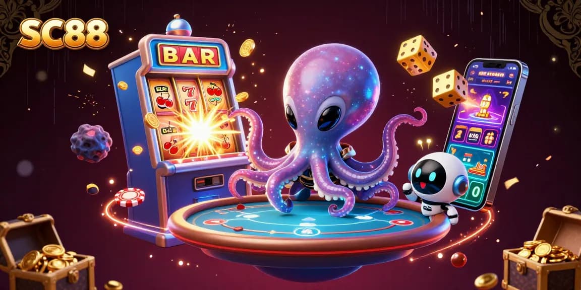 Engage in thrilling casino adventures with SC88, featuring an alien octopus at a vibrant poker table.