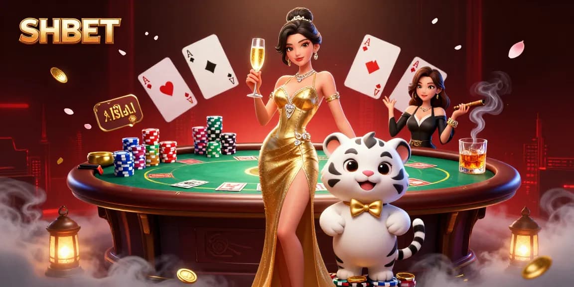 Join the fun at SHBET casino, where a glamorous woman and a lucky tiger cub celebrate gaming victories.