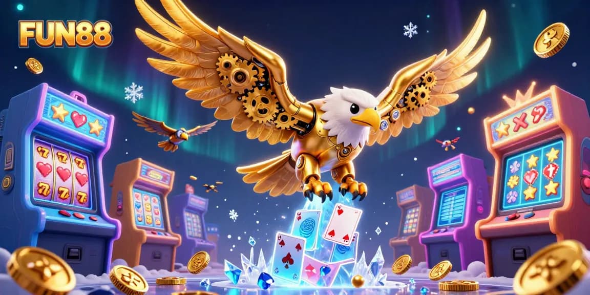 Engaging FUN88 experience with a colorful 3D illustration of a diving golden eagle and dynamic casino elements.