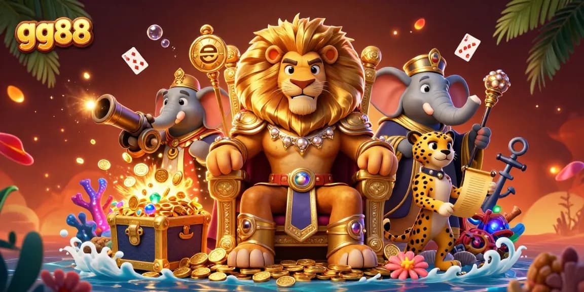 Engage with gg88's thrilling gaming experience featuring a royal lion on a treasure throne.
