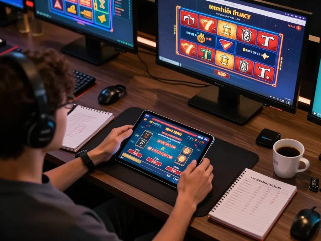 Engaging online gambling scene focusing on game đổi thưởng uy tín with poker and slot games on multiple screens, representing strategic gameplay.