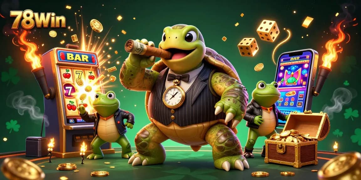 Win big at 78Win with this vibrant scene of a massive snapping turtle and bullfrog enforcers surrounded by casino excitement.