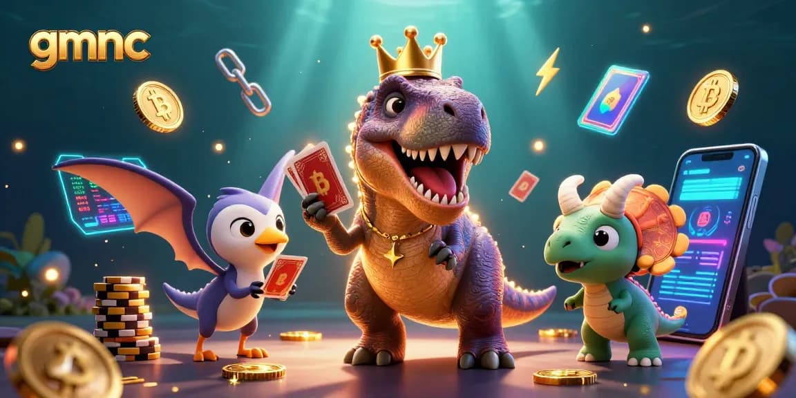 Gamers strategize at gmnc with a T-Rex, pterodactyl, and triceratops in a colorful casino scene.