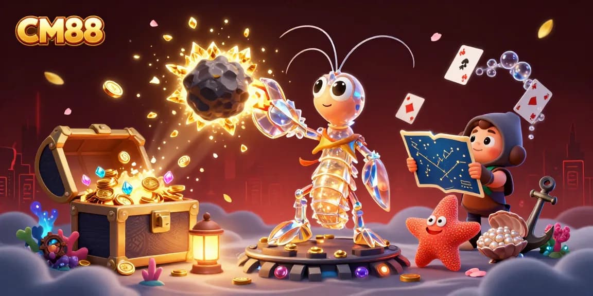 Experience thrilling wins at CM88 with a dynamic casino scene featuring vibrant characters and gems.