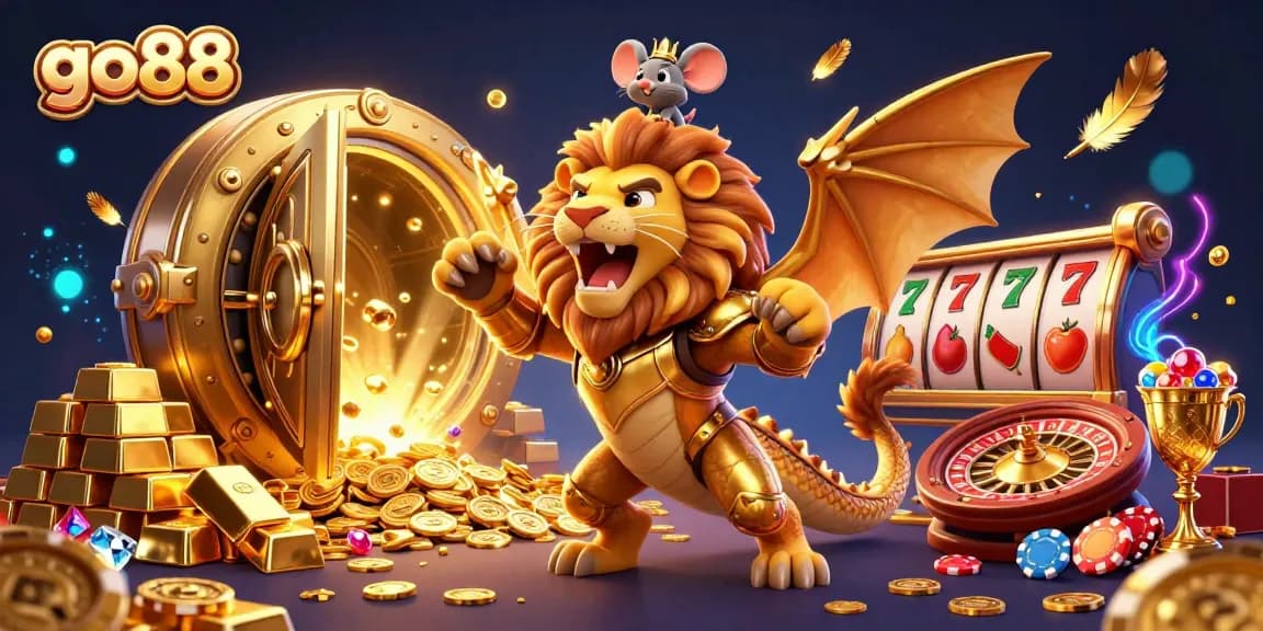 Experience thrill at go88 with a golden chimera and jock in a vibrant casino scene!