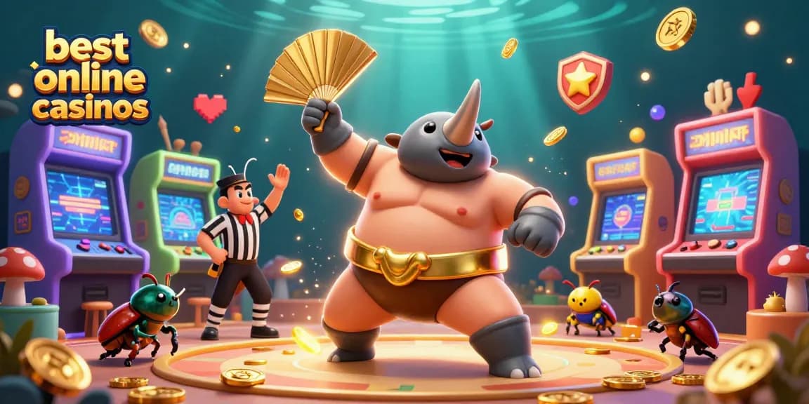 Explore the best online casinos showcasing a rhinoceros beetle sumo champion amidst golden coins and vibrant gaming elements.