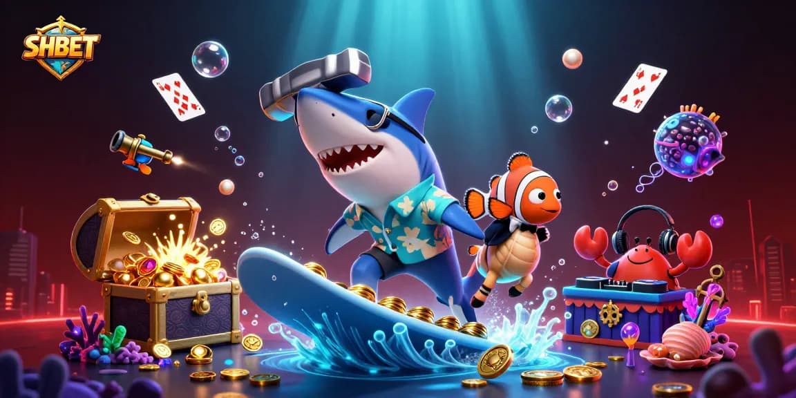 Experience thrilling gaming with SHBET as a hammerhead shark surfs through gold coins.