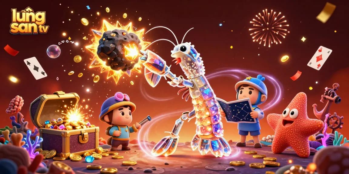 lương sơn tv energizes with a galactic samurai mantis shrimp amid bursting treasures in a casino-themed scene.