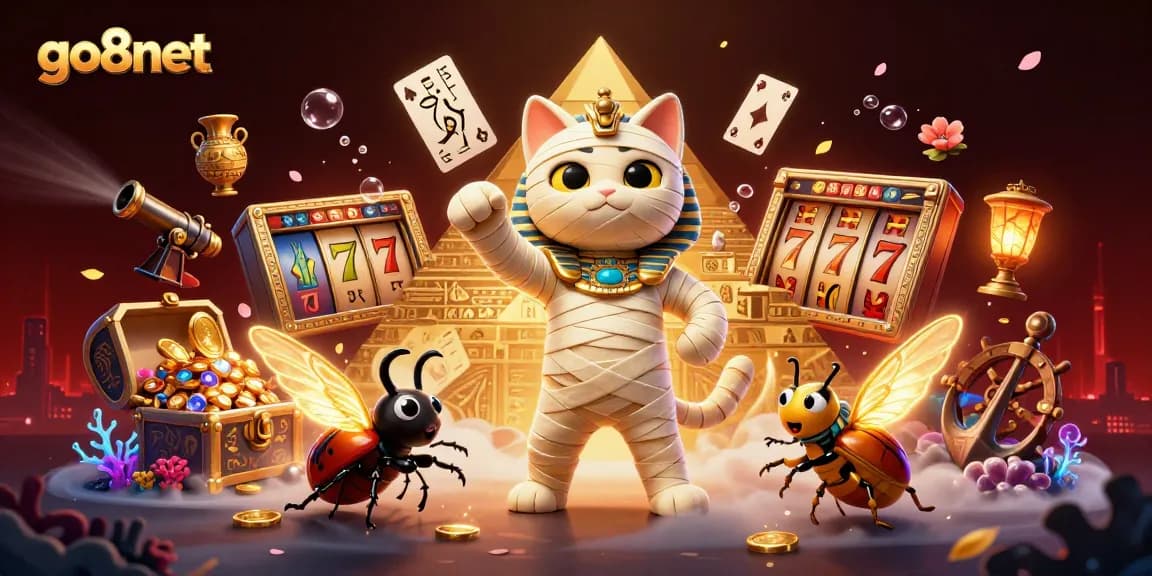 Join the thrill at go8net with a cartoon Egyptian mummy cat and a scarab in a vibrant casino adventure.