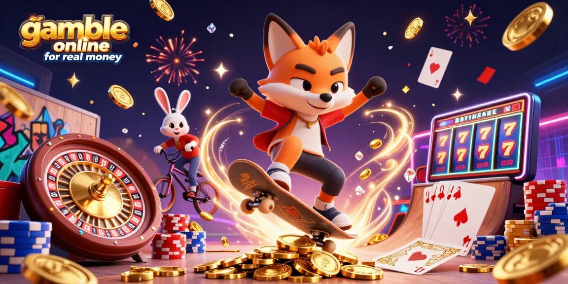 Gamble online for real money with vibrant casino celebration featuring a fox and rabbit in a dynamic 3D scene.