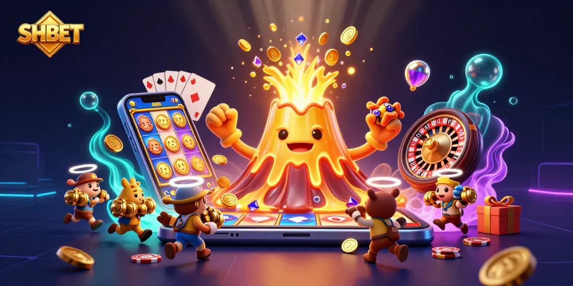 Experience thrilling gameplay with SHBET's exciting casino adventures featuring a volcano erupting treasures.