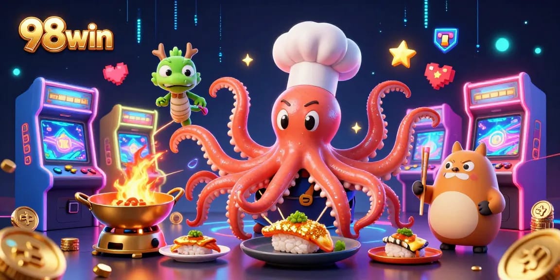 Experience exhilarating gameplay with 98win's unique casino adventures featuring a cartoon octopus chef.