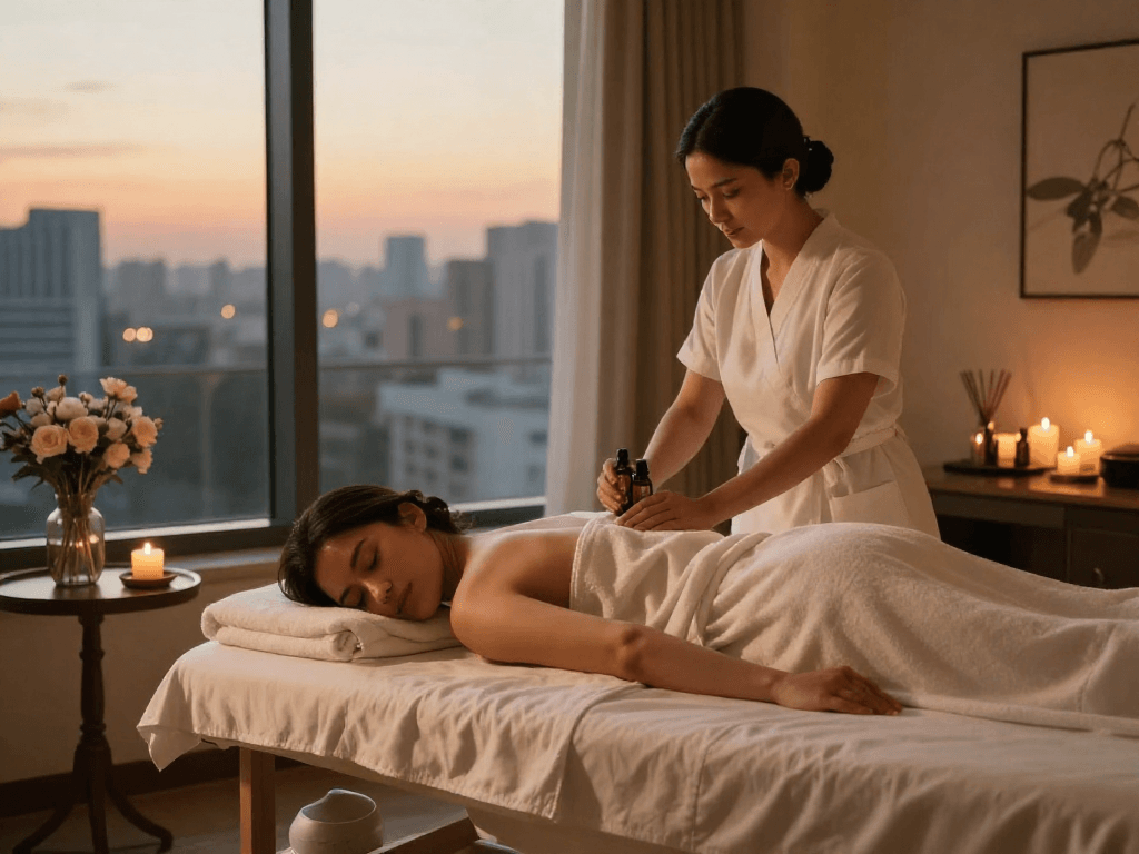 출장마사지 in a serene hotel setting showcasing a relaxing atmosphere with essential oils and soothing lighting.