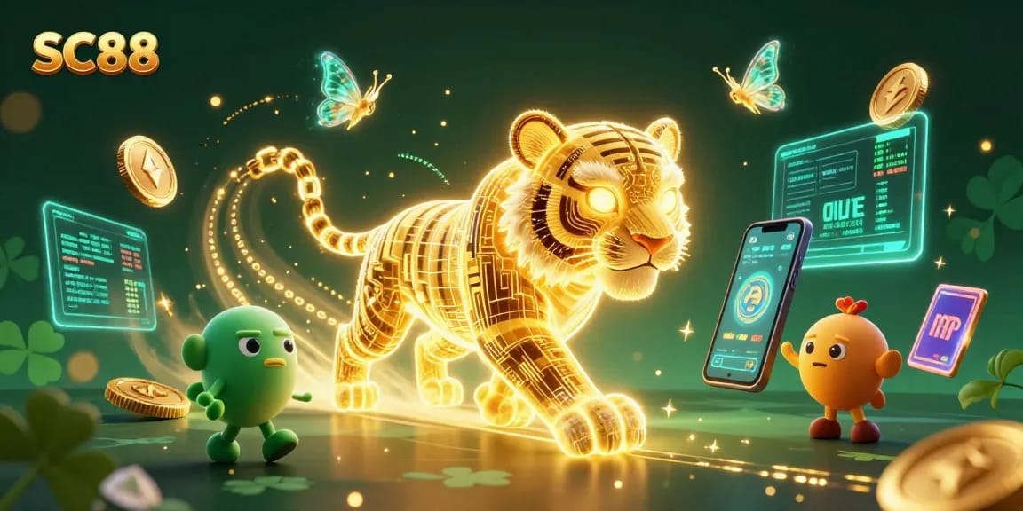 Experience SC88's thrilling casino adventure with the golden tiger and neon elements.