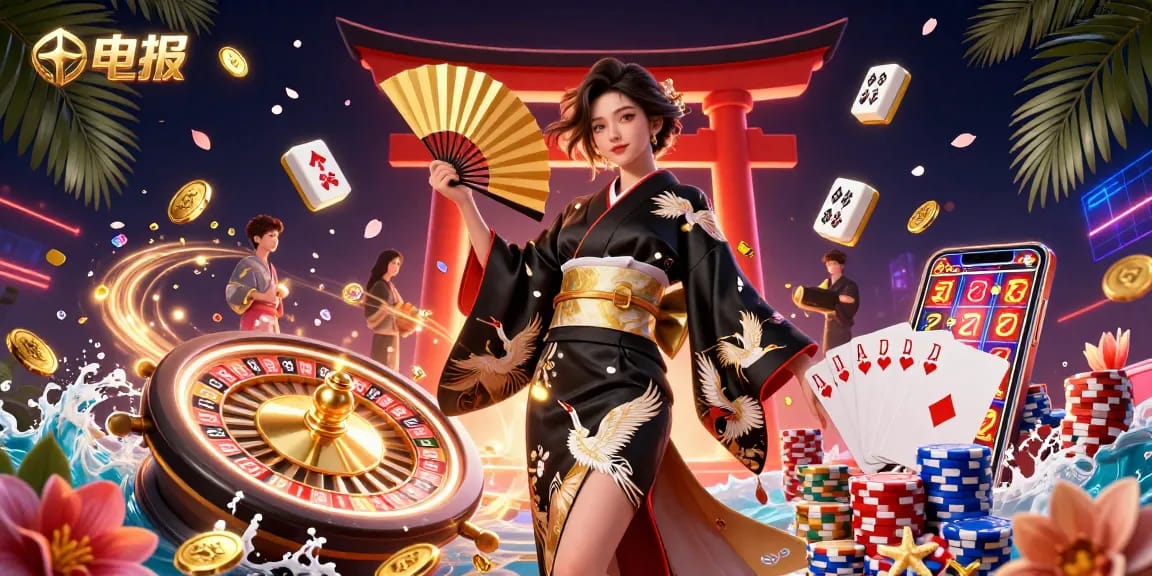 与电报互动的动态赌场场景，展现一位身着和服的迷人亚洲女性，以及金色硬币和扑克筹码。