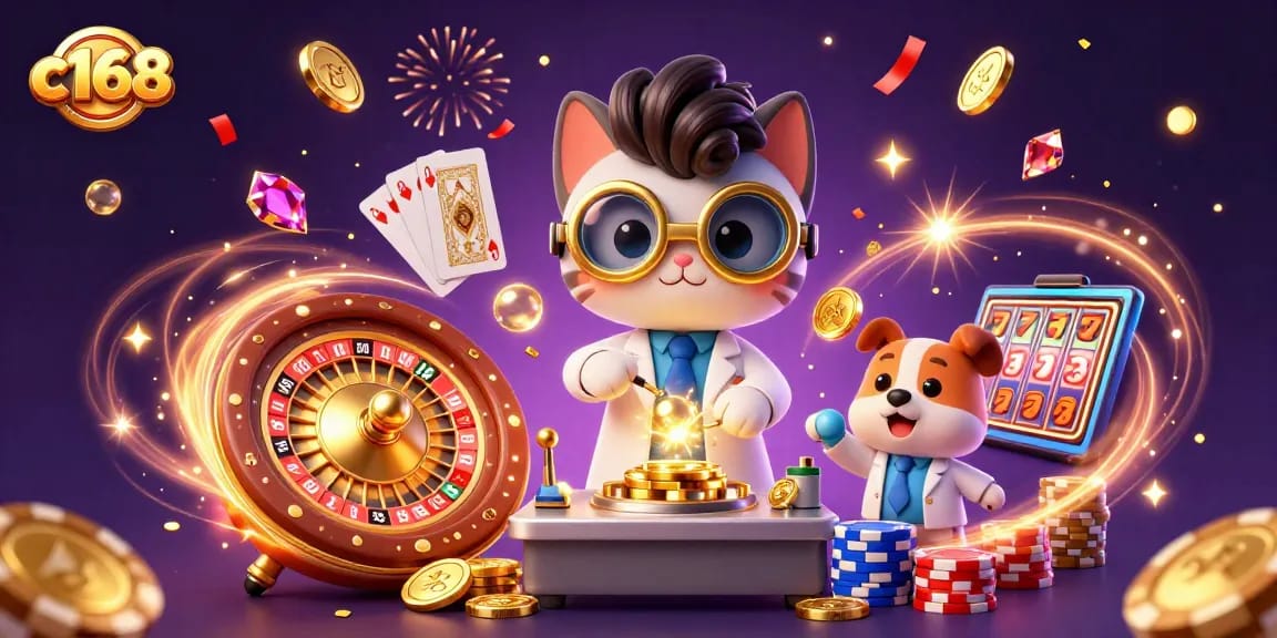 Spin the wheel for gold at c168 with a mad scientist and his dog in an exciting casino scene.
