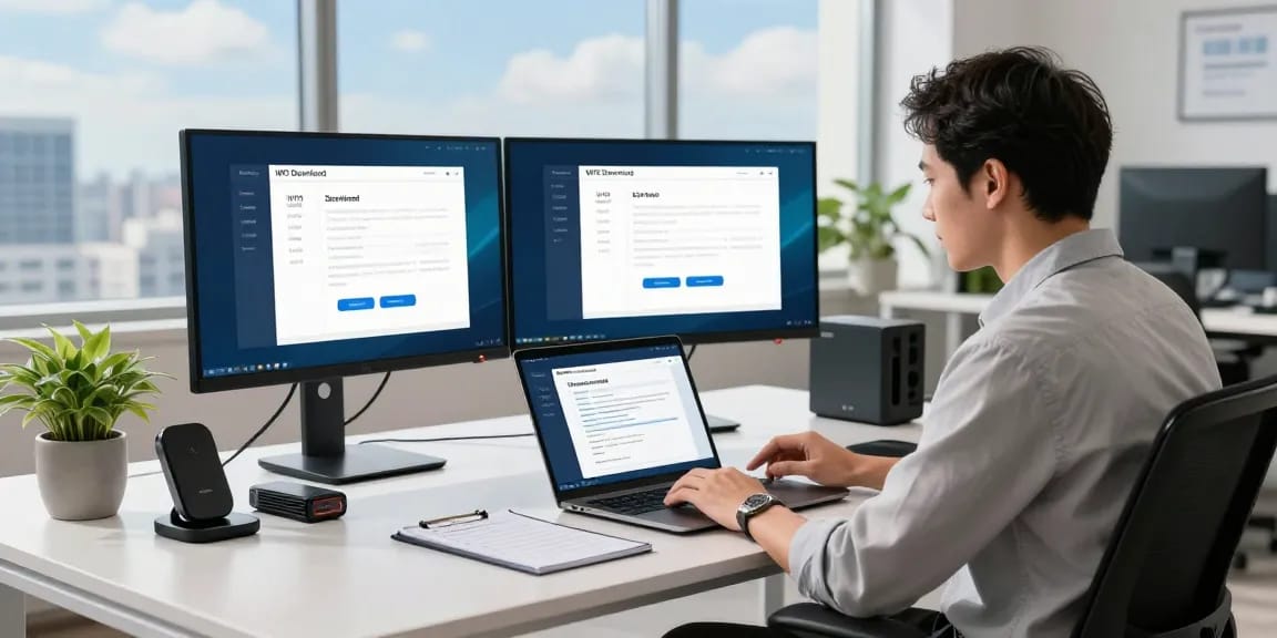 WPS Download interface displayed on monitors in a modern workspace with productive elements.