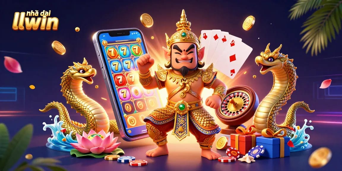 Engage with Nhà cái llwin's vibrant online games featuring a dynamic 3D illustration of playful characters amidst casino elements.