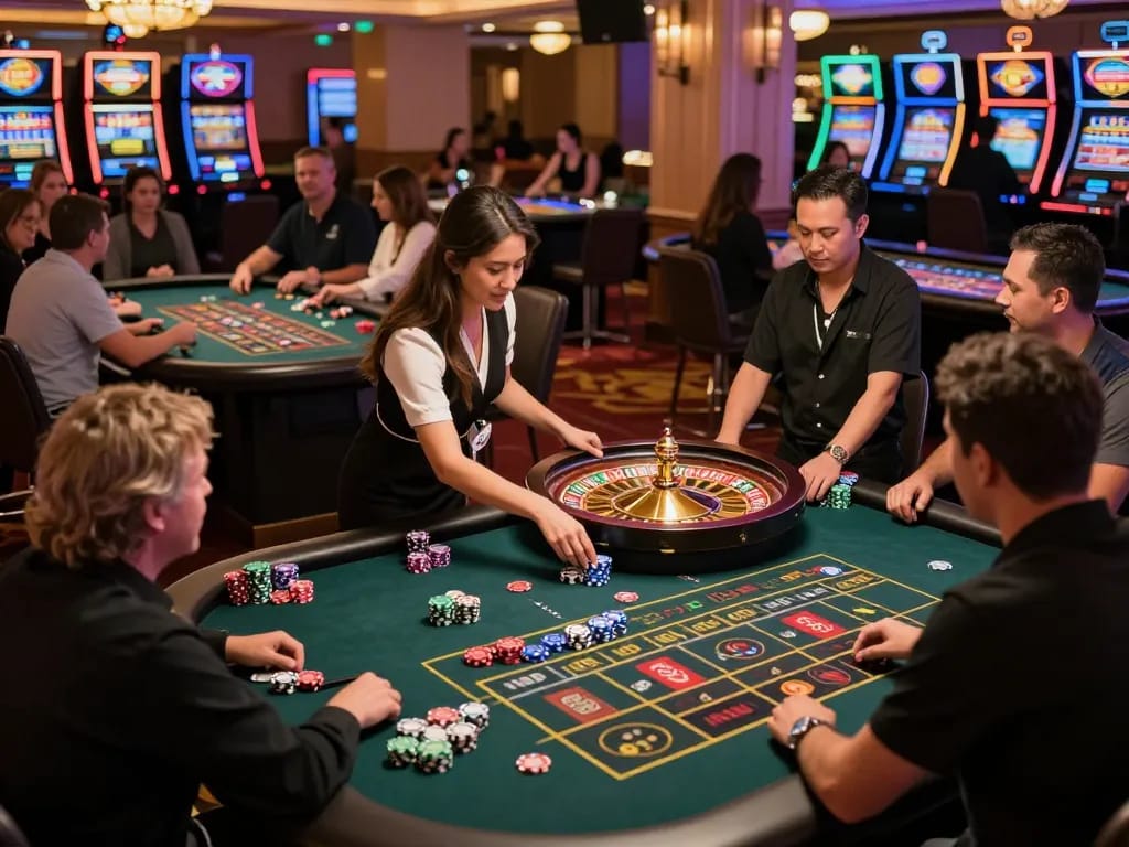 Players enjoying a thrilling roulette game at LC88 casino, showcasing lively action and excitement in vibrant surroundings.