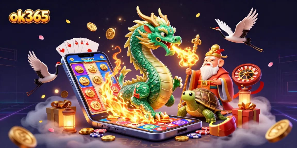 Experience the excitement of ok365 with a colorful casino scene featuring a jade dragon, turtles, and dynamic gaming elements.