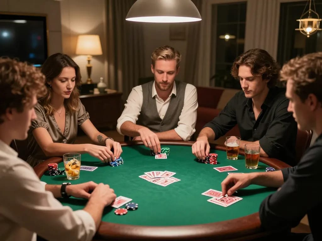 Friends playing poker during a cozy night at home, showcasing F168 social gaming experience.