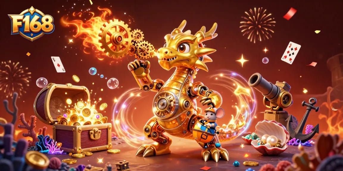 Engage with F168’s dynamic golden dragon and mouse engineer surrounded by colorful casino elements.