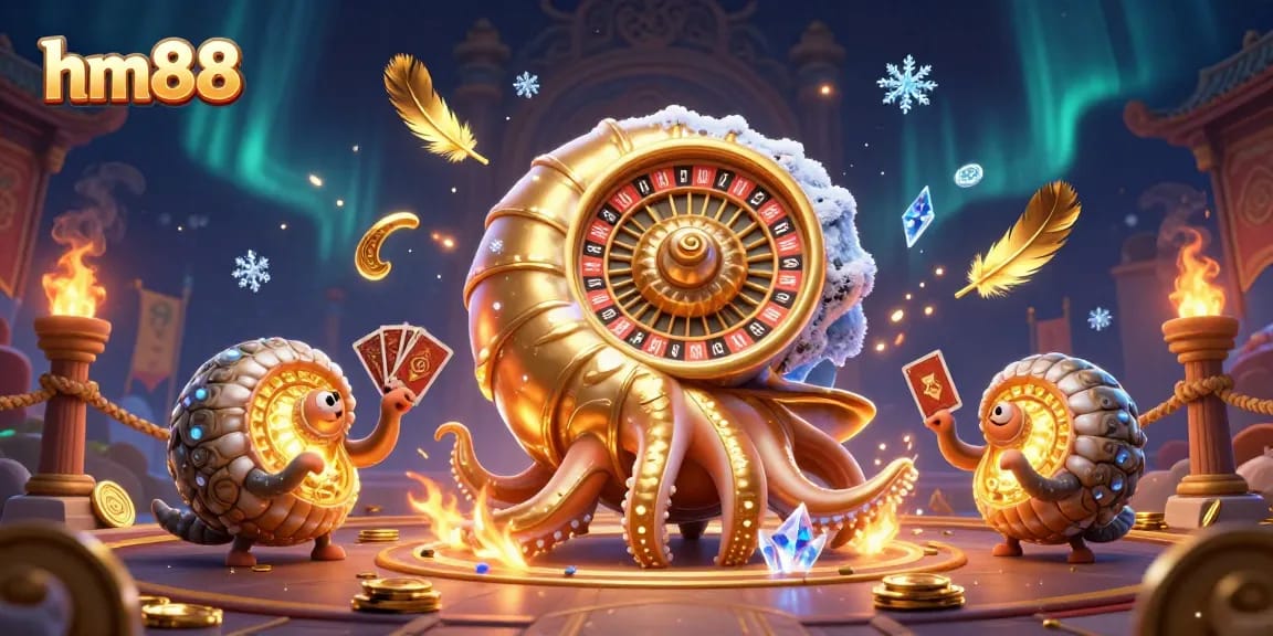 Engage in exciting gameplay at hm88 with a dynamic 3D illustration of a giant nautilus and glowing ammonites.
