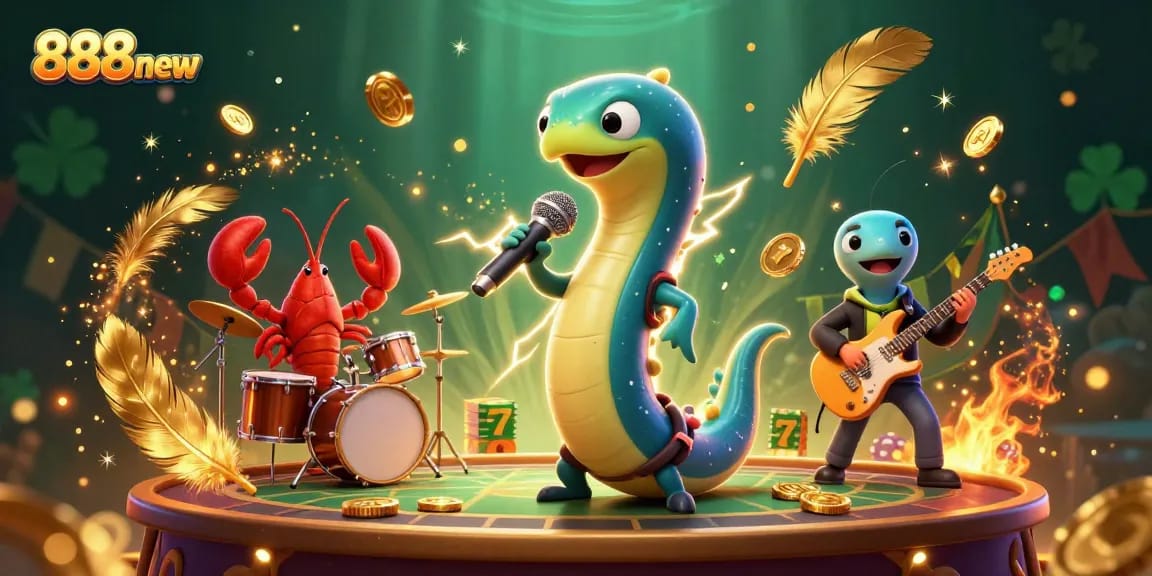 Engage with 888new's dynamic underwater casino scene featuring lively characters, slot reels, and energetic ambiance.
