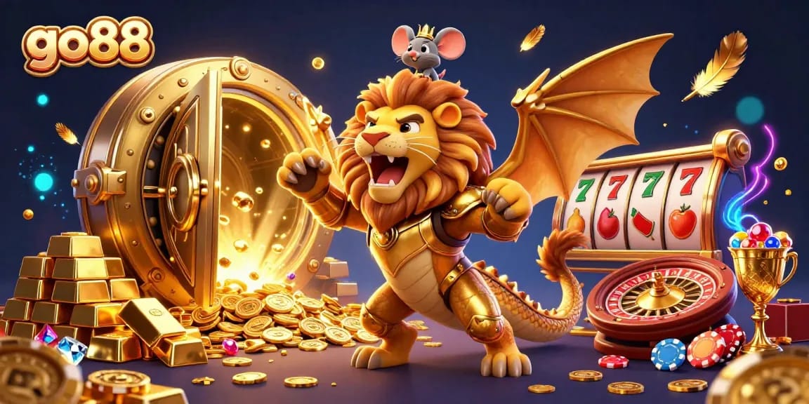 Experience thrill at go88 with a golden chimera and jock in a vibrant casino scene!