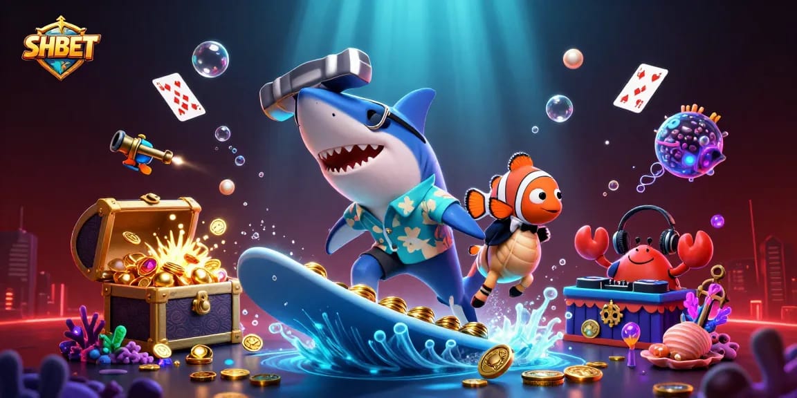 Experience thrilling gaming with SHBET as a hammerhead shark surfs through gold coins.
