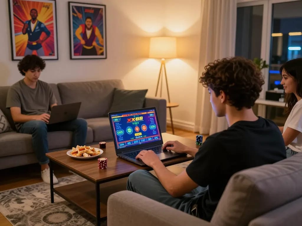 Players engaging in dynamic online gameplay at xx88, surrounded by a cozy home atmosphere