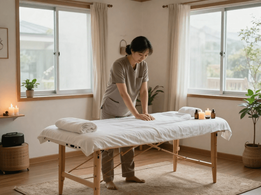 Relaxing 부천출장마사지 session in a cozy apartment with therapist and soothing ambiance.