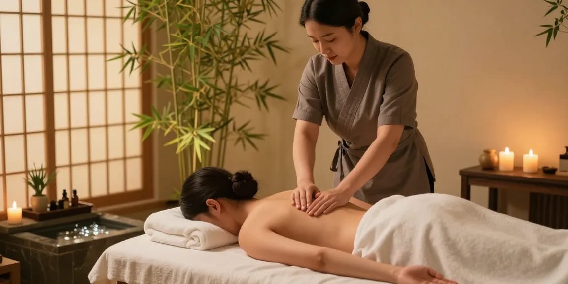 성남출장마사지로 편안한 마사지를 받는 모습, 자연적인 분위기와 아늑한 조명.