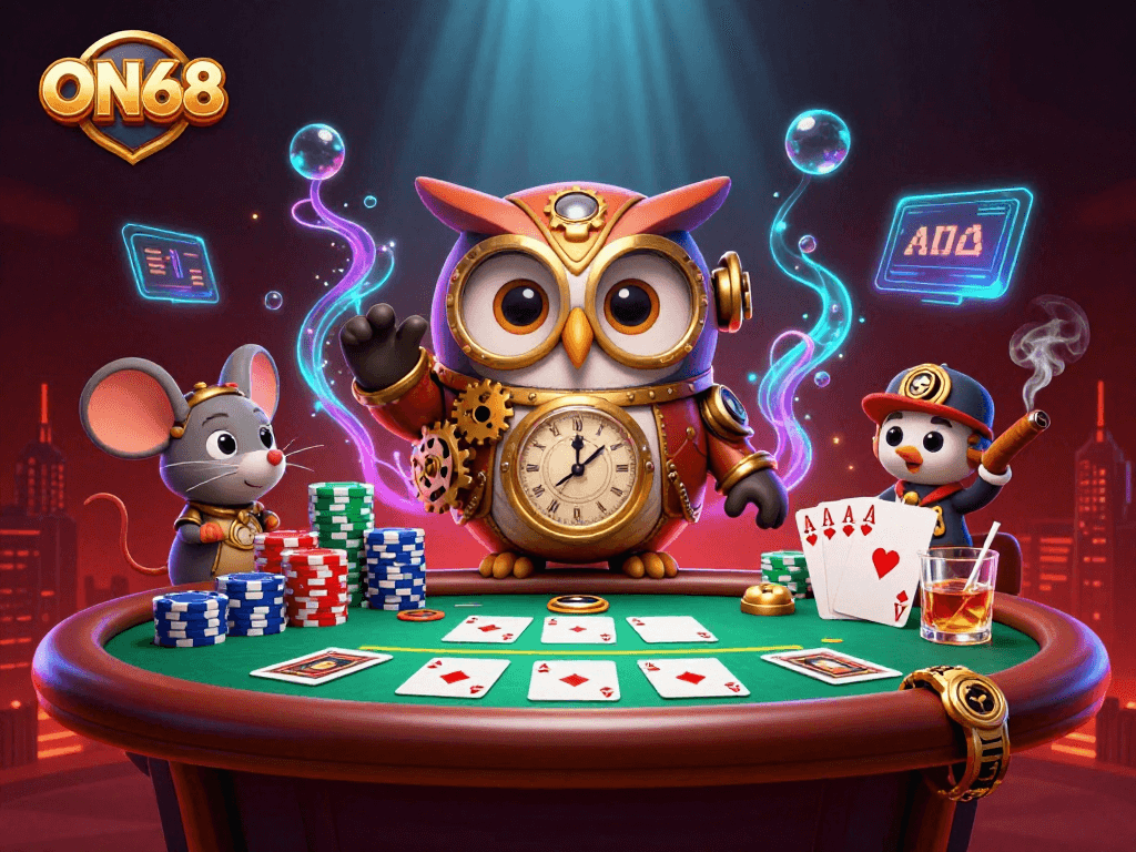 Experience high-stakes gaming action with ON68's vibrant casino scene featuring poker elements.