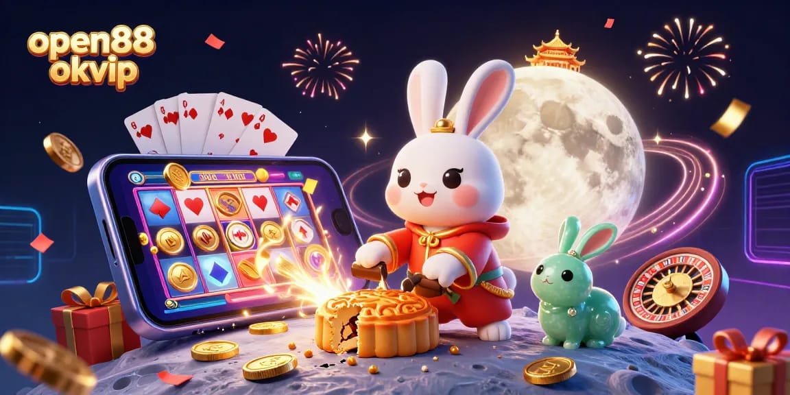 Experience the thrill of open88 okvip with a dynamic 3D illustration of a moon rabbit casino scene packed with exciting game elements.