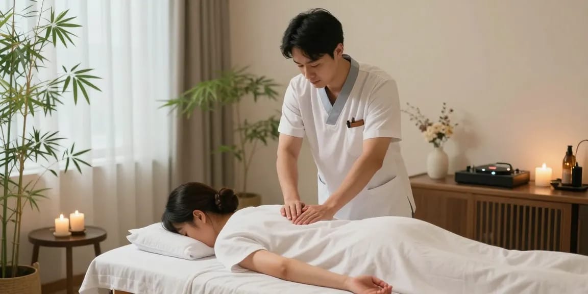 부산마사지로 편안하게 휴식을 취하는 남성 고객과 마사지 치료사 모습