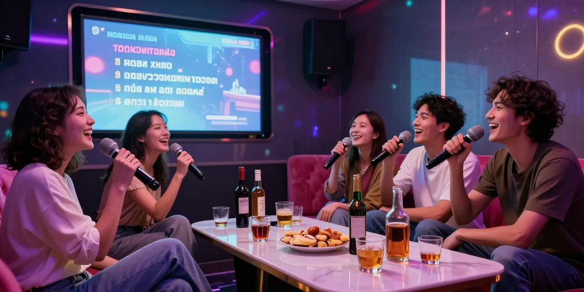 강남가라오케에서 친구들과 함께 즐거운 시간을 보내는 모습, 화려한 조명과 다양한 주류가 있는 프라이빗 룸의 생생한 분위기